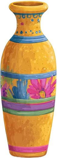 a yellow vase with colorful flowers on it.jpg